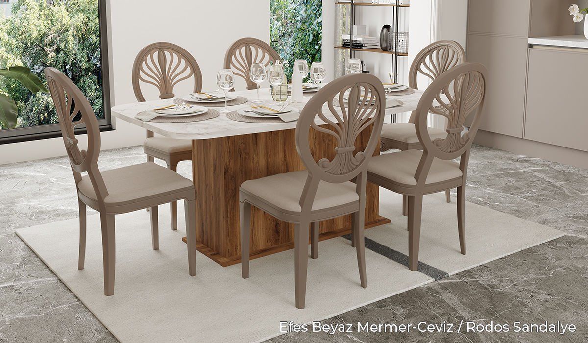 Etna Table set - Renk Seçenekli Efes White Mermer-Ceviz/Rodos Chair