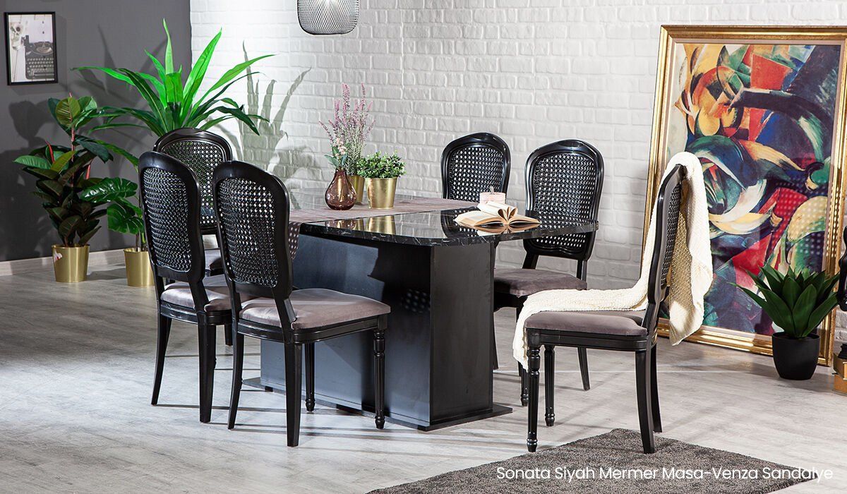 Etna Table set - Renk Seçenekli Sonata Black Mermer Table-Venza Chair