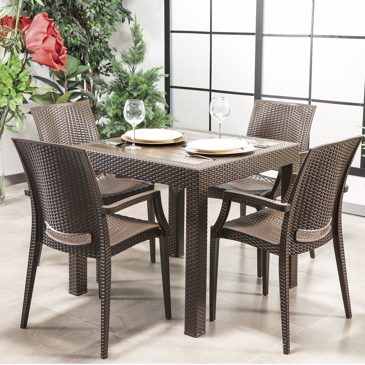 Rattan 80*80 Table set With arm Chair - Brown