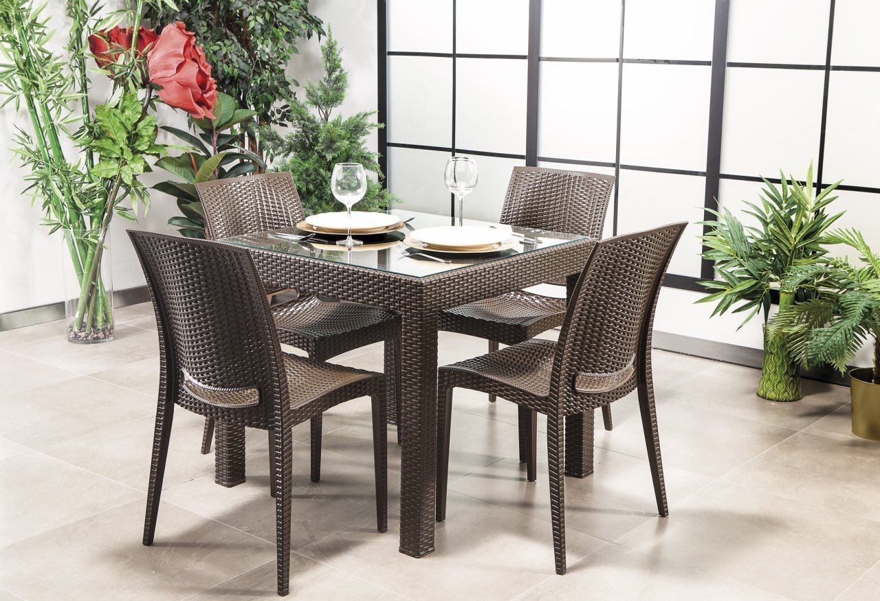 Rattan 80*80 Glass Table set - Brown