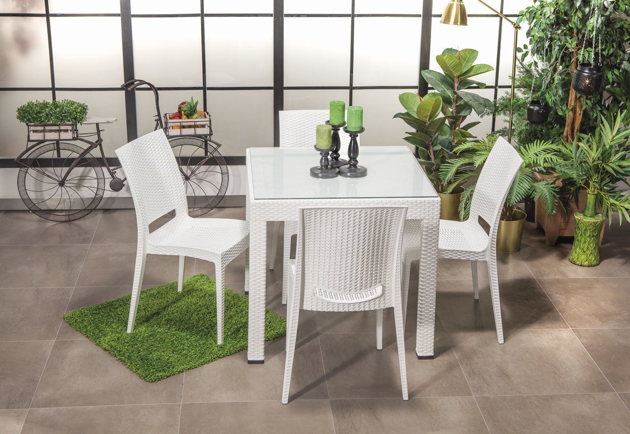 Rattan 80*80 Glass Table set - White
