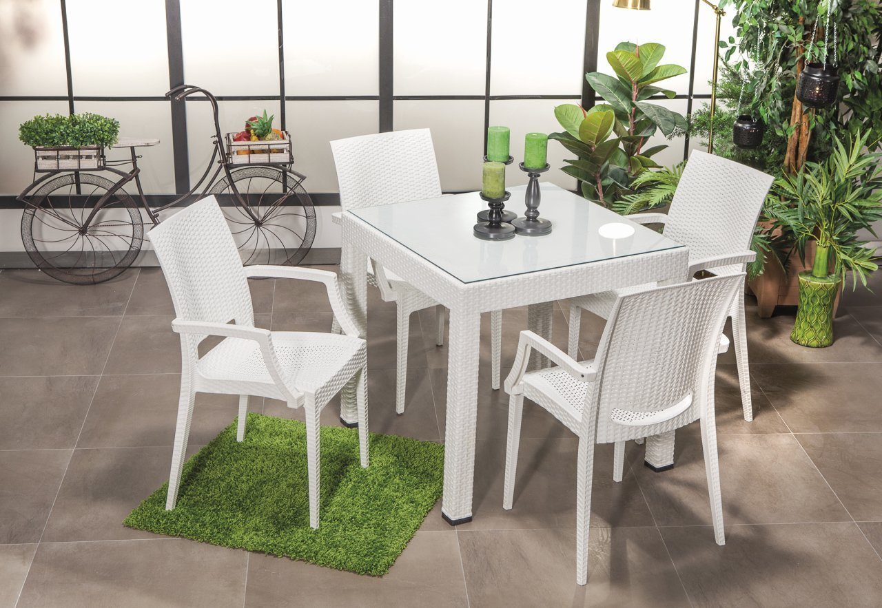 Rattan 80*80 Glass With arm Table set - White