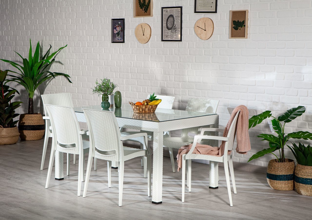 Rattan 90*150 Glass Table set With arm Chair- White