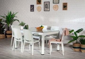 Rattan 90*150 Glass Table set - White