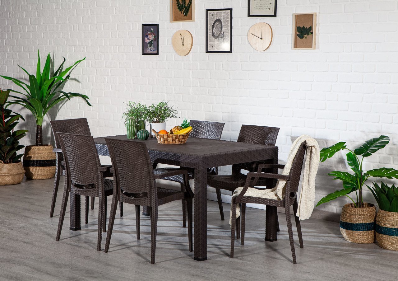 Rattan 90*150 Table set With arm Chair- Brown