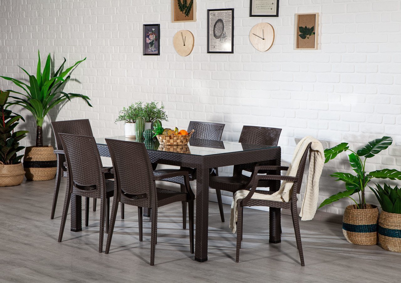 Rattan 90*150 Glass Table set With arm Chair - Brown