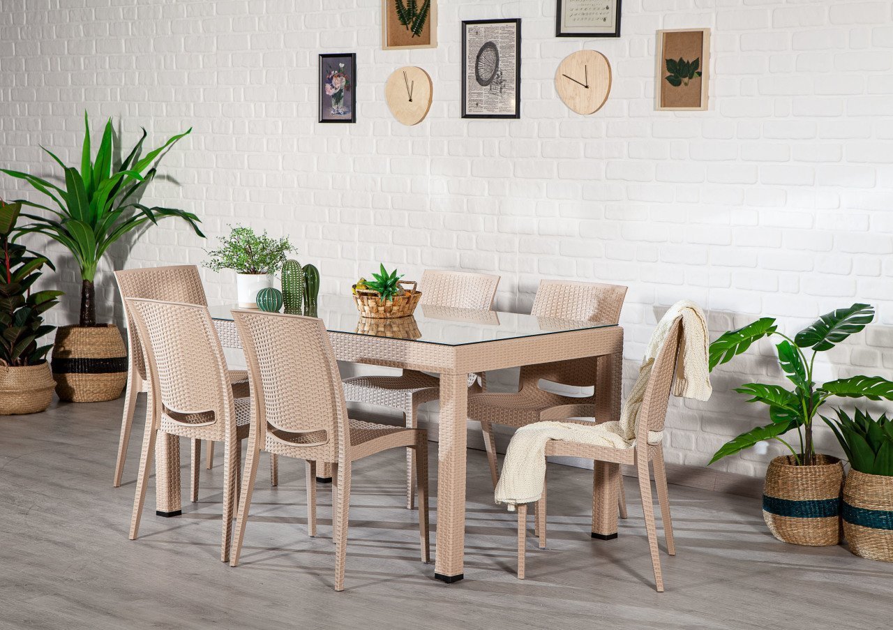 Rattan 90*150 Glass Table set - Cappucino