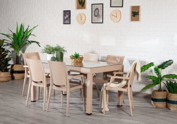 Rattan 90*150 Glass Table set With arm Chair- Cappucino