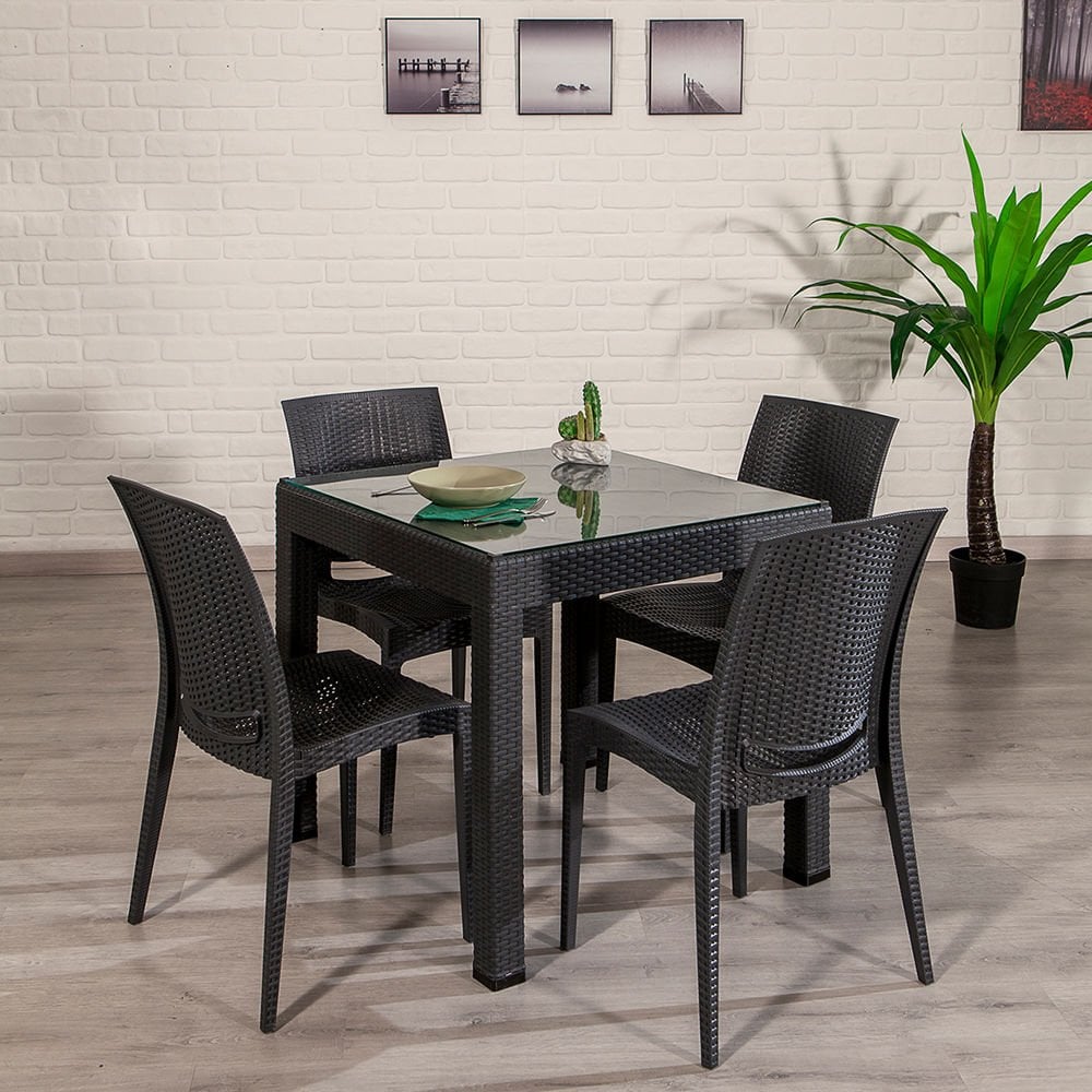 80*80 Rattan Table set - Antrasit Glass Without Arm