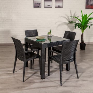 80*80 Rattan Table set - Antrasit Glass With arm